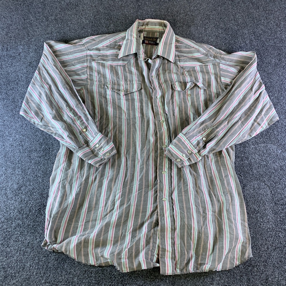 Panhandle Slim Western Shirt Mens L Gray Striped Good Pearl Snap Vintage USA